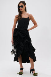ADDED DRAMA RUFFLED MIDI DRESS IN BLACK