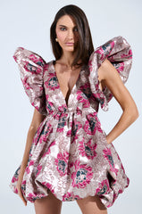 MAIN CHARACTER ENERGY BROCADE MINI DRESS IN SILVER