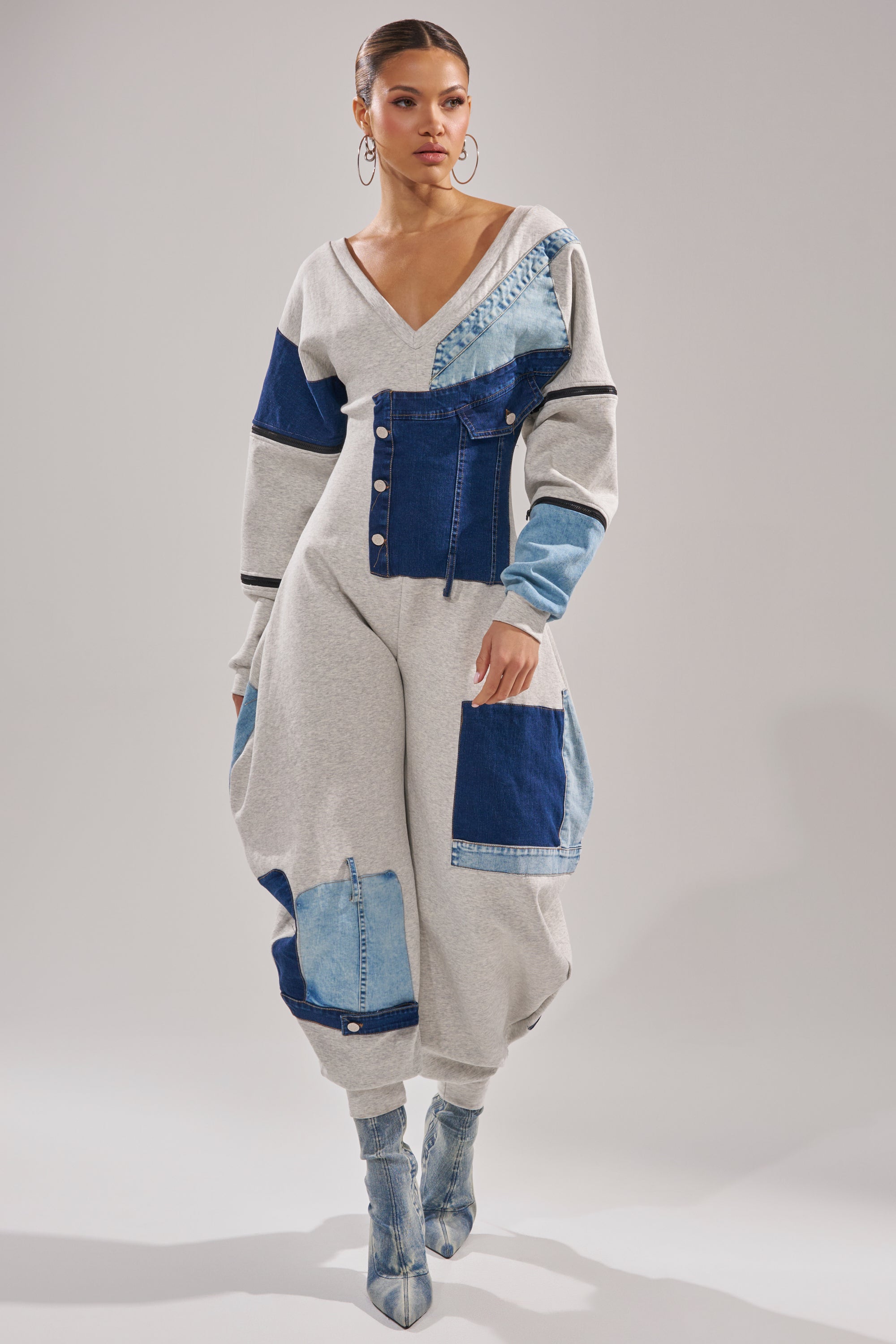 COMFY COZY SWEATSHIRT JUMPSUIT IN PATCHWORK DENIM