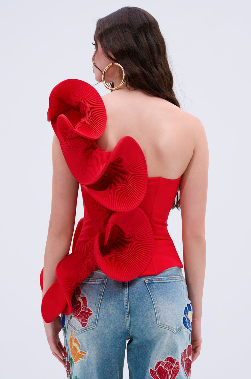 ABSTRACT RUFFLE OFF THE SHOULDER BLOUSE