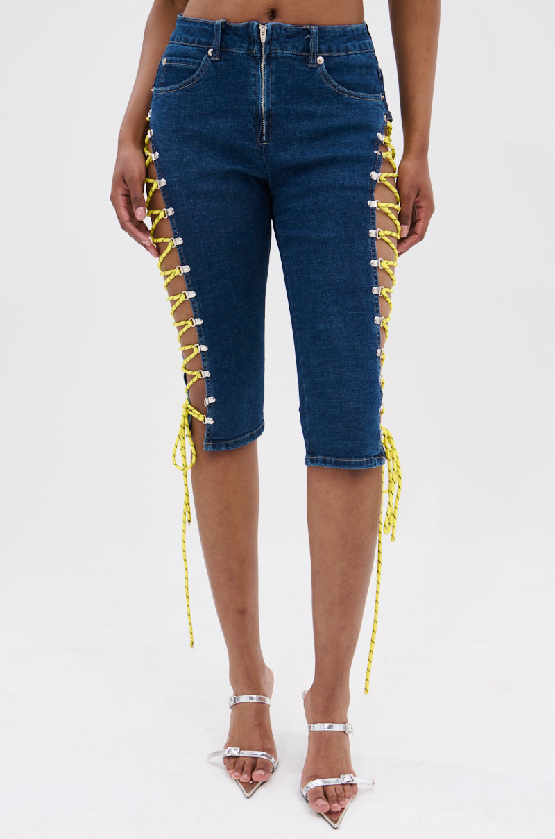 CUTE AS CAN BE LACE-UP DENIM CAPRI