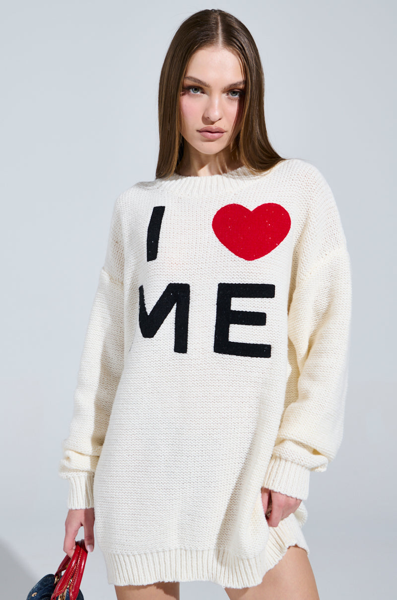 LOVE MYSELF PRINTED SWEATER DRESS