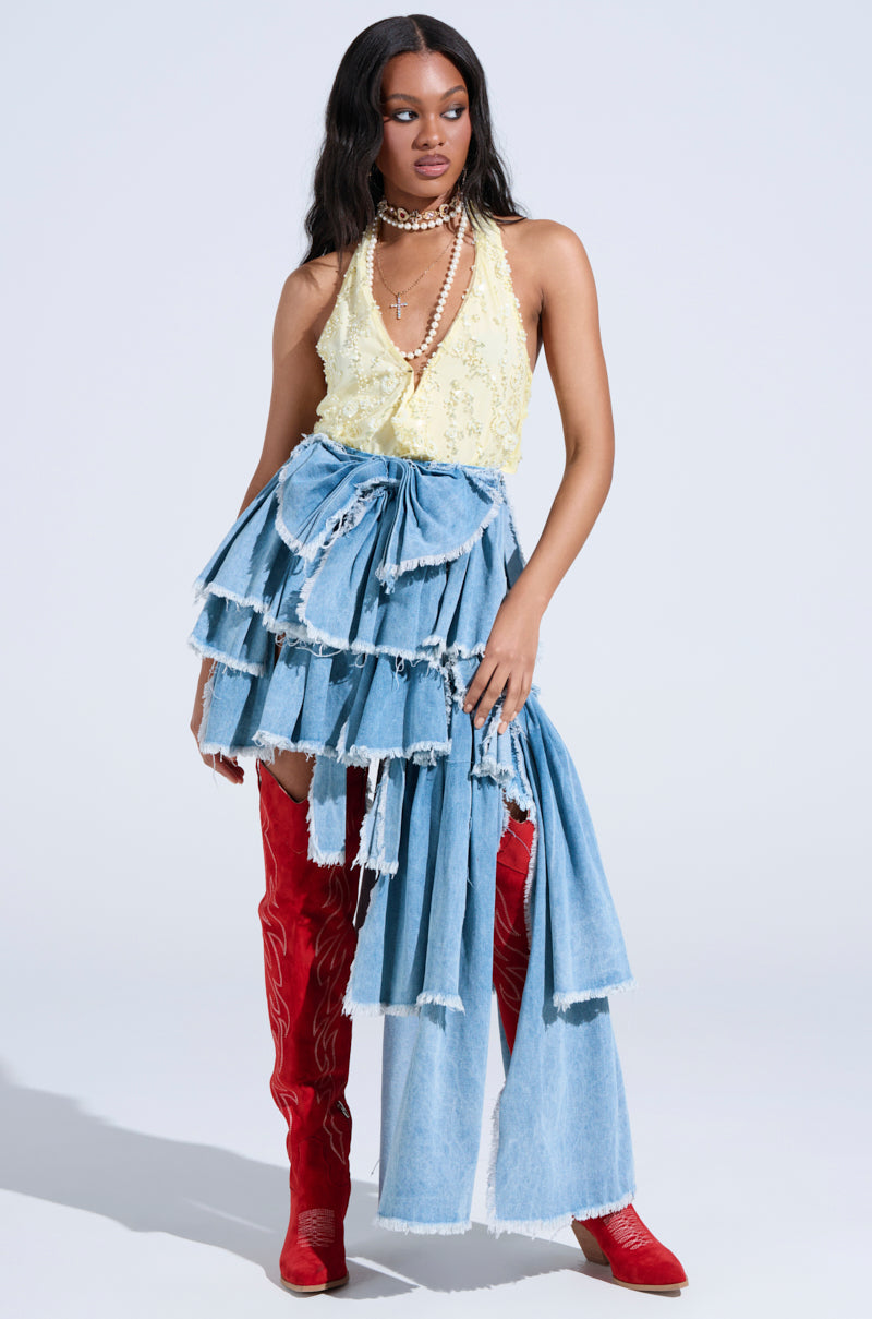 DISTRESSED TIERED ASYMMETRIC MIDI SKIRT