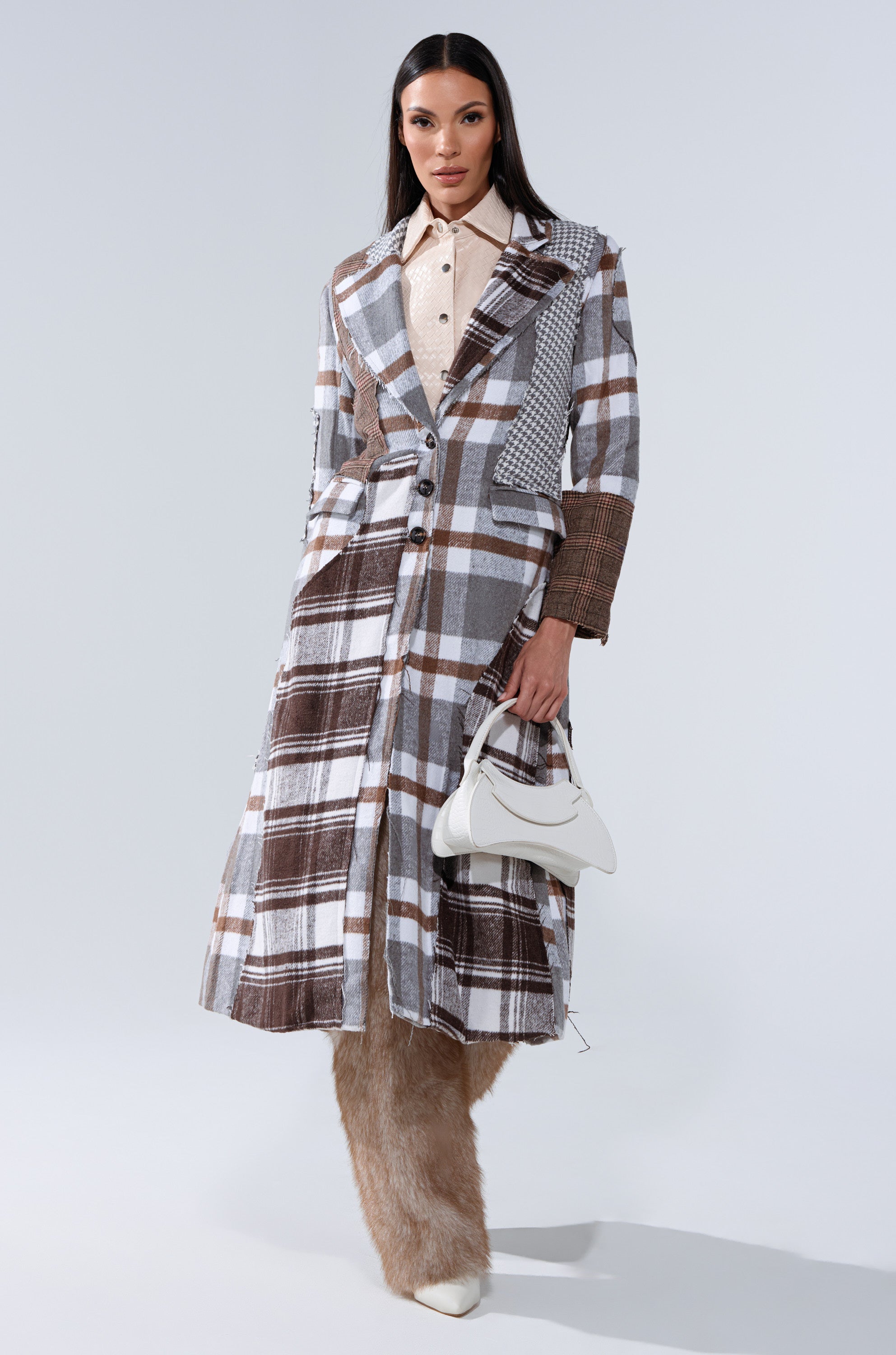 MIXED PLAID NOT FEELINGS PATCHWORK TRENCH
