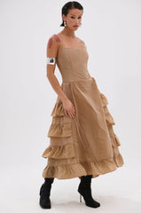 ADDED DRAMA RUFFLED MIDI DRESS IN KHAKI