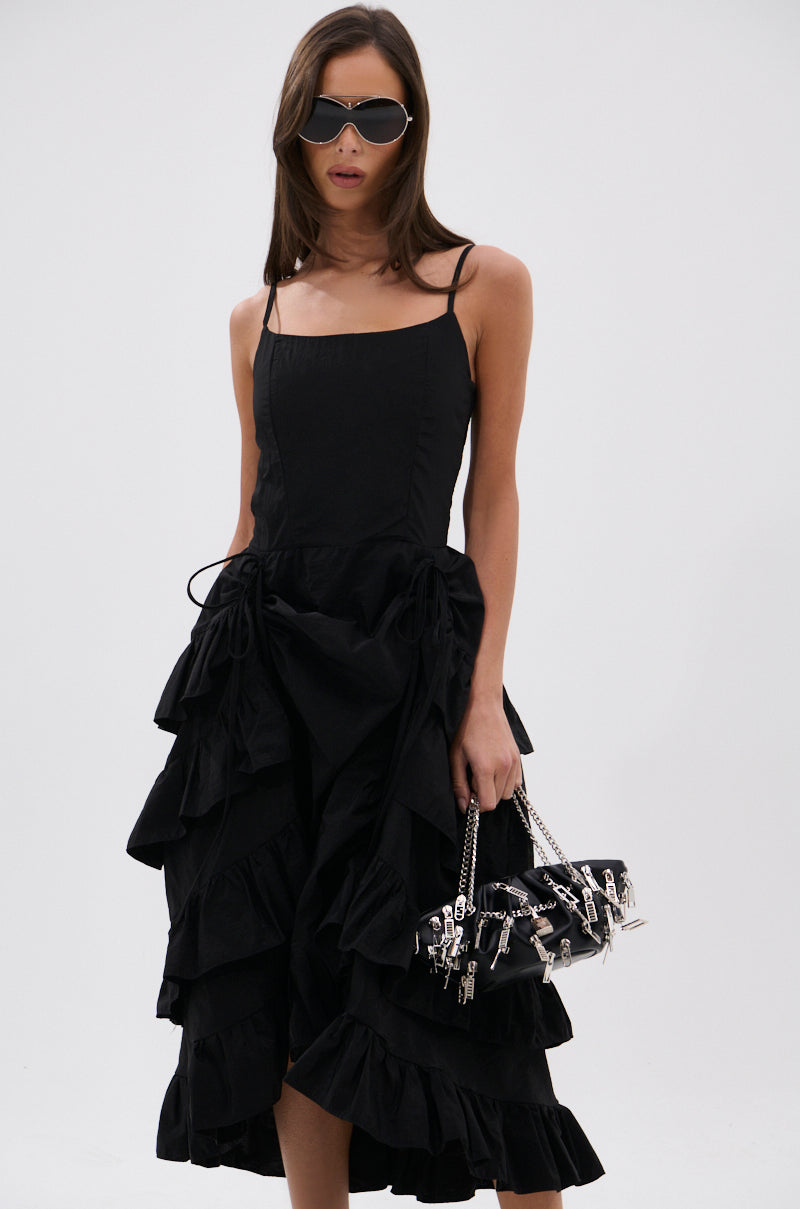ADDED DRAMA RUFFLED MIDI DRESS IN BLACK