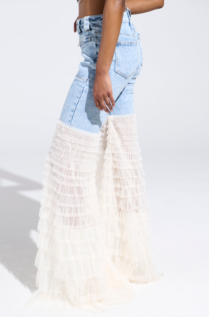 LOOK AT ME GO DENIM PANT WITH RUFFLE BOTTOM