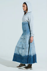 DENIM ON DENIM LAYERED MAXI DRESS WITH HOOD