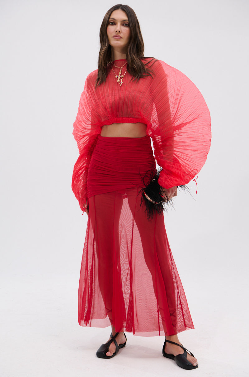 EASY ENOUGH RED MESH MIDI SKIRT