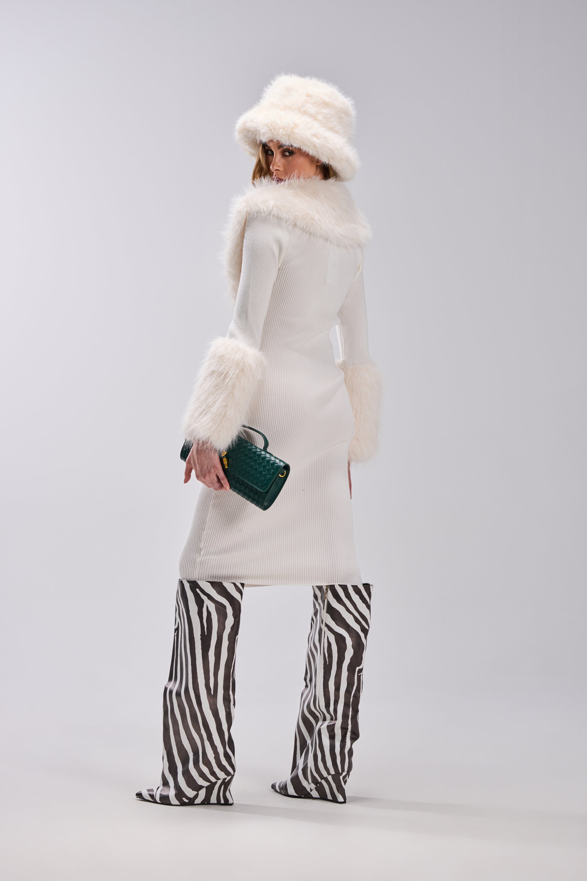 CELINE SWEATER MIDI DRESS WITH FUR TRIM