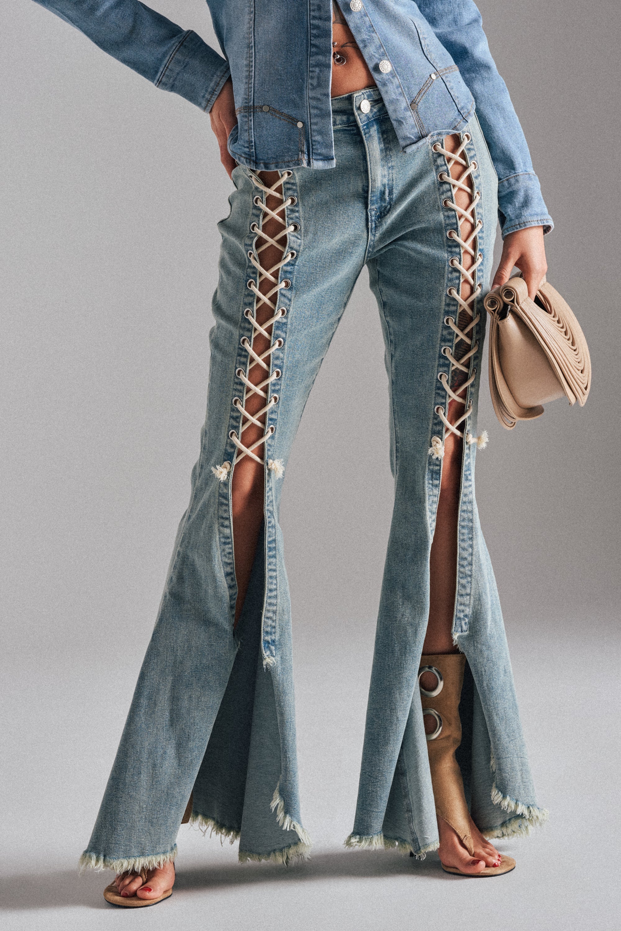 CRAZY ENOUGH LACE UP FLARE DENIM