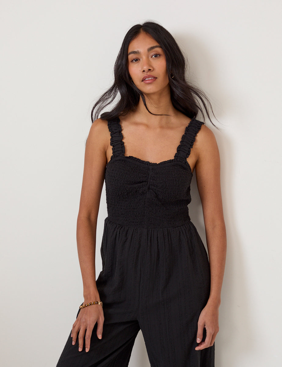 Black Shirred Jumpsuit