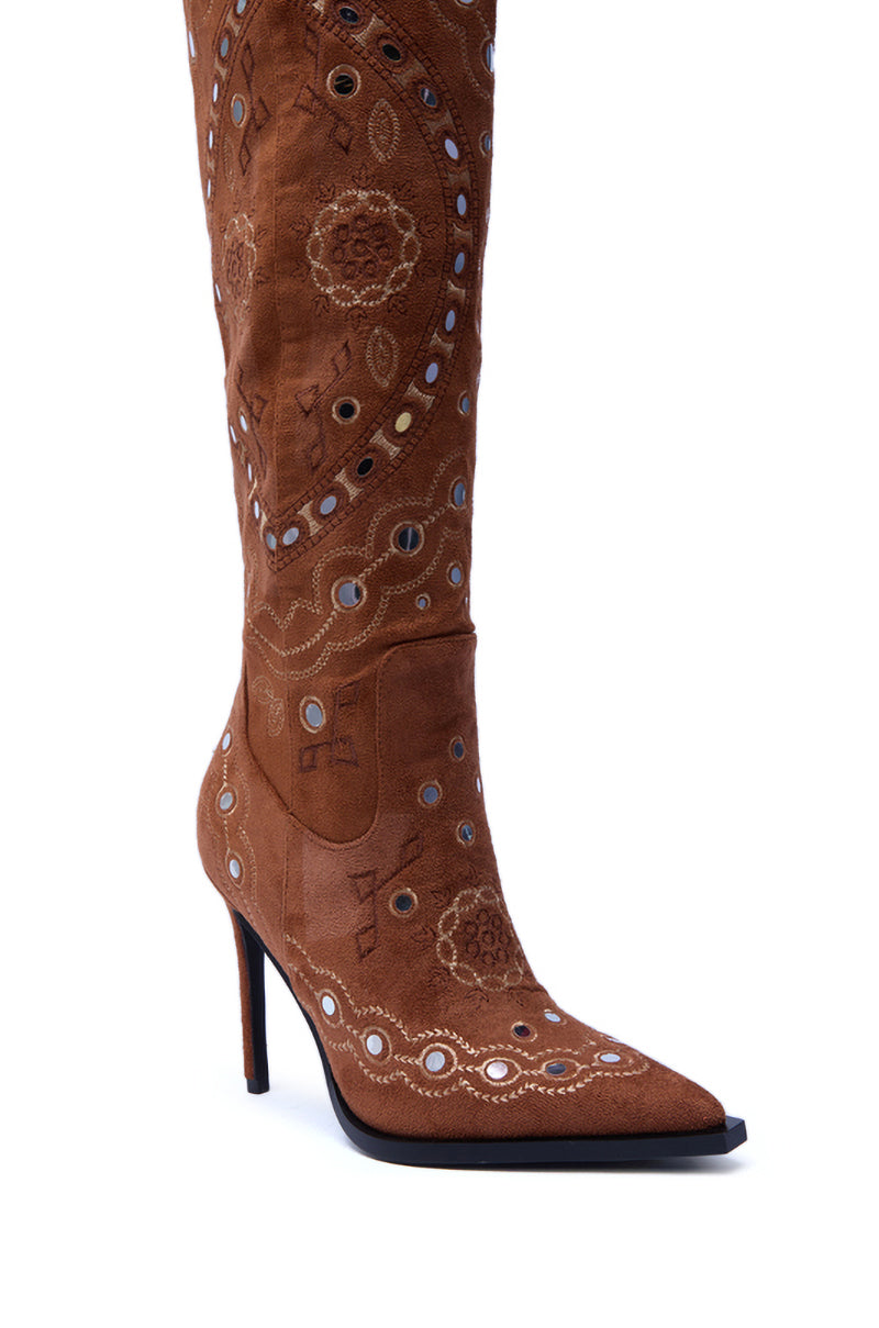 AZALEA WANG AAMINAN TAN FAUX SUEDE EMBELLISHED STILETTO BOOT