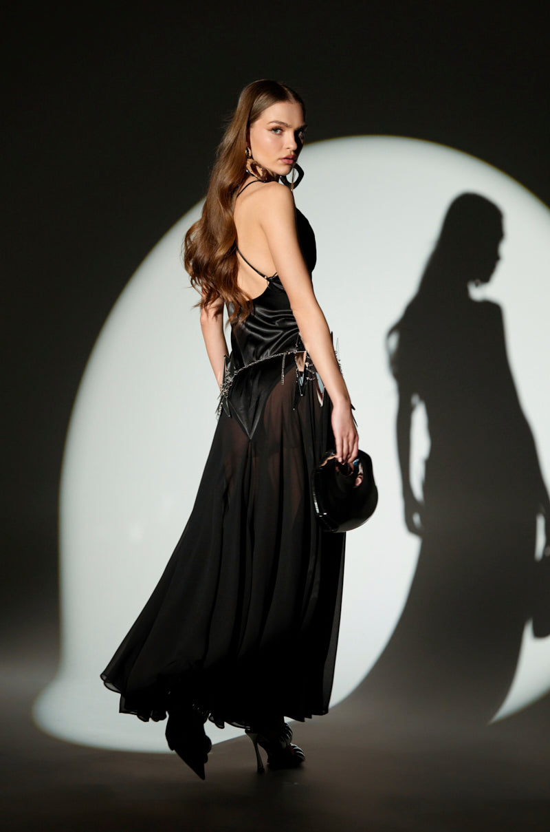 REINA SATIN MESH MAXI DRESS