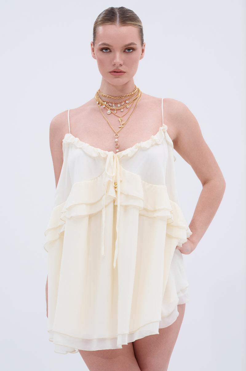 EASY BREEZY RUFFLED MINI DRESS IN IVORY