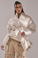 RIB SLEEVE PEPLUM PUFFER IN IVORY