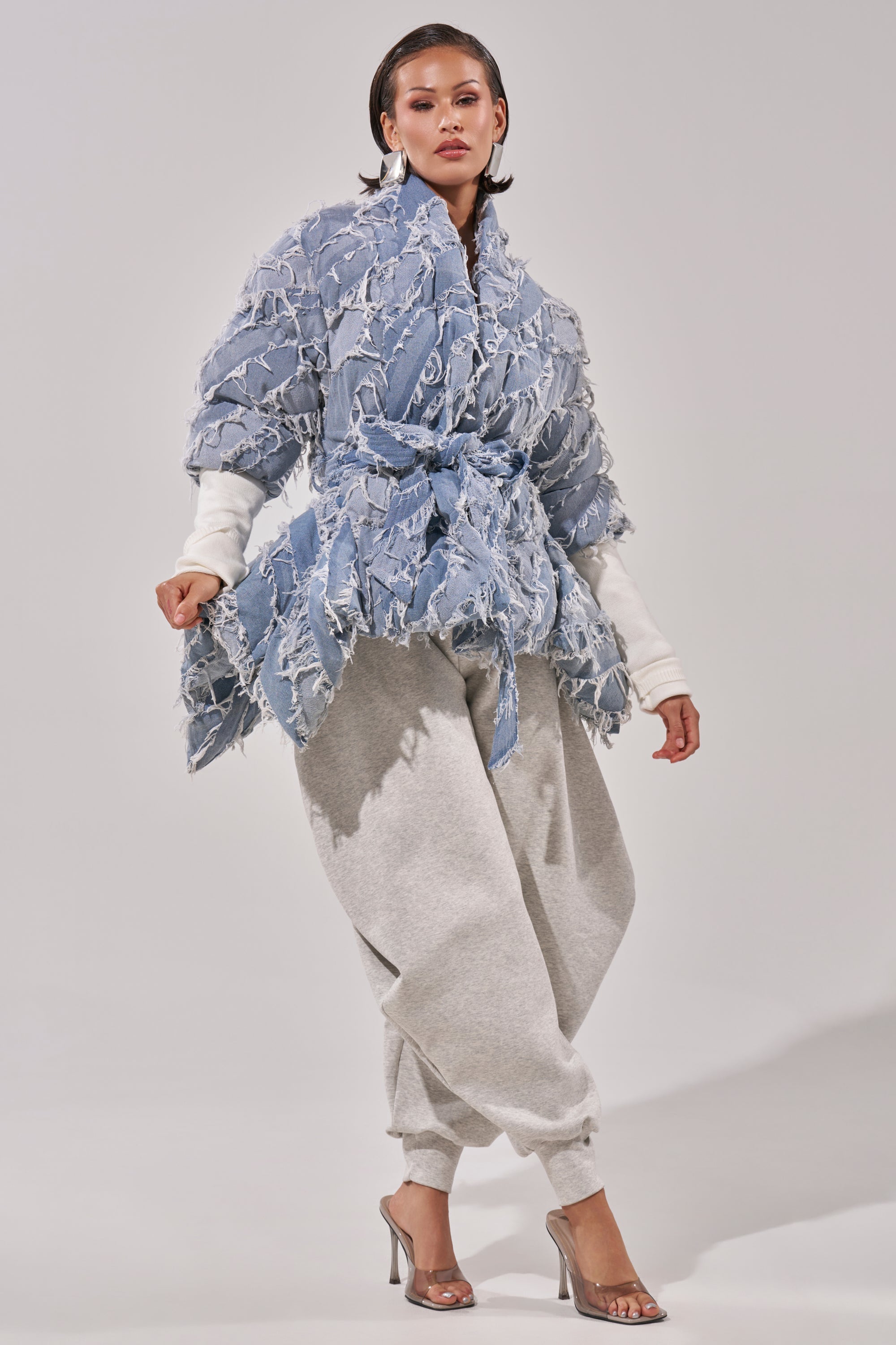 RIB SLEEVE PEPLUM PUFFER IN DENIM
