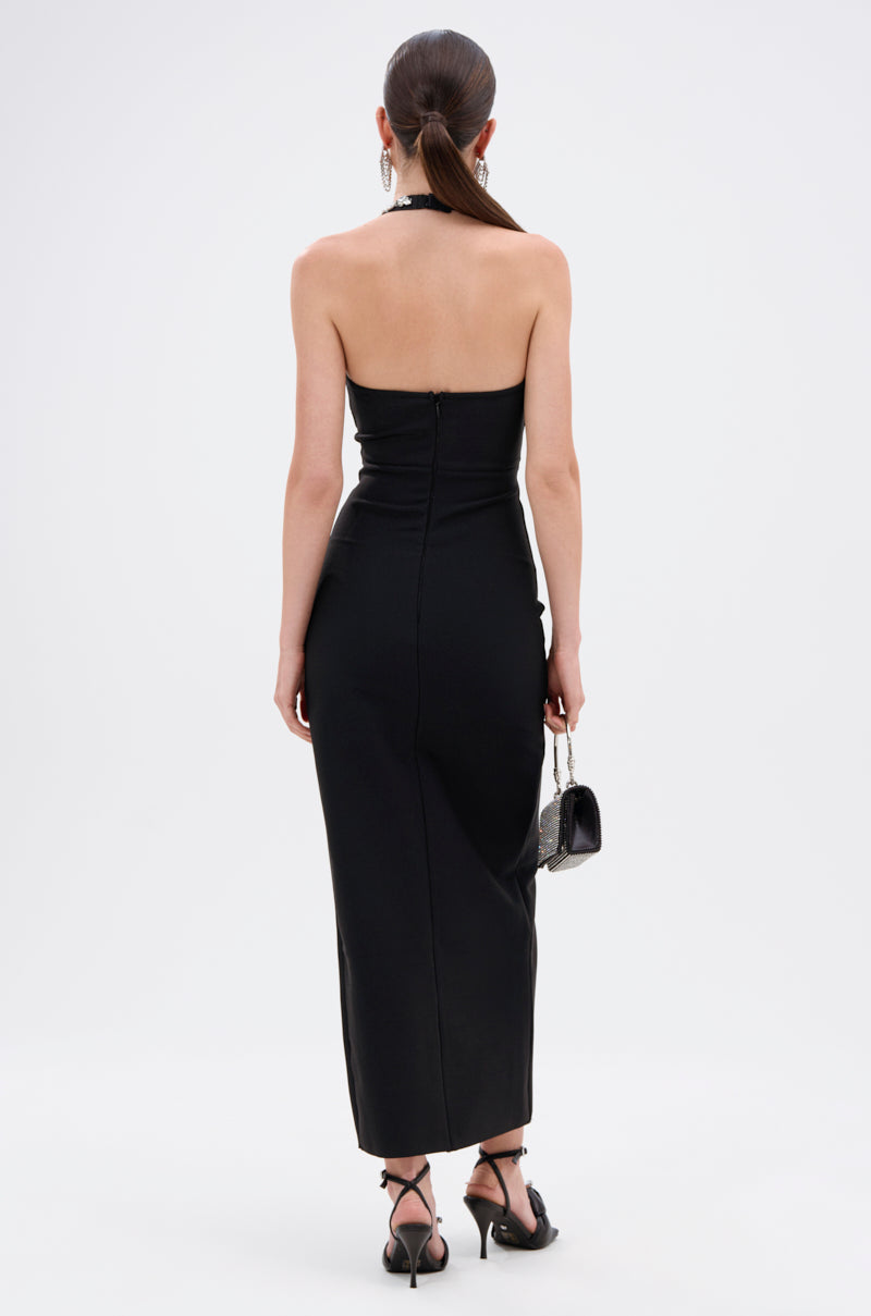 A PHONE CALL AWAY RHINESTONE BANDAGE MIDI DRESS