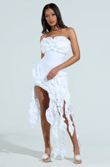 CITY LIGHTS RUFFLE MIDI DRESS IN WHITE
