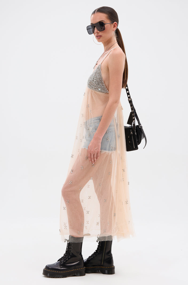 DO YOU BELIEVE IN LOVE RHINESTONE MESH MIDI DRESS