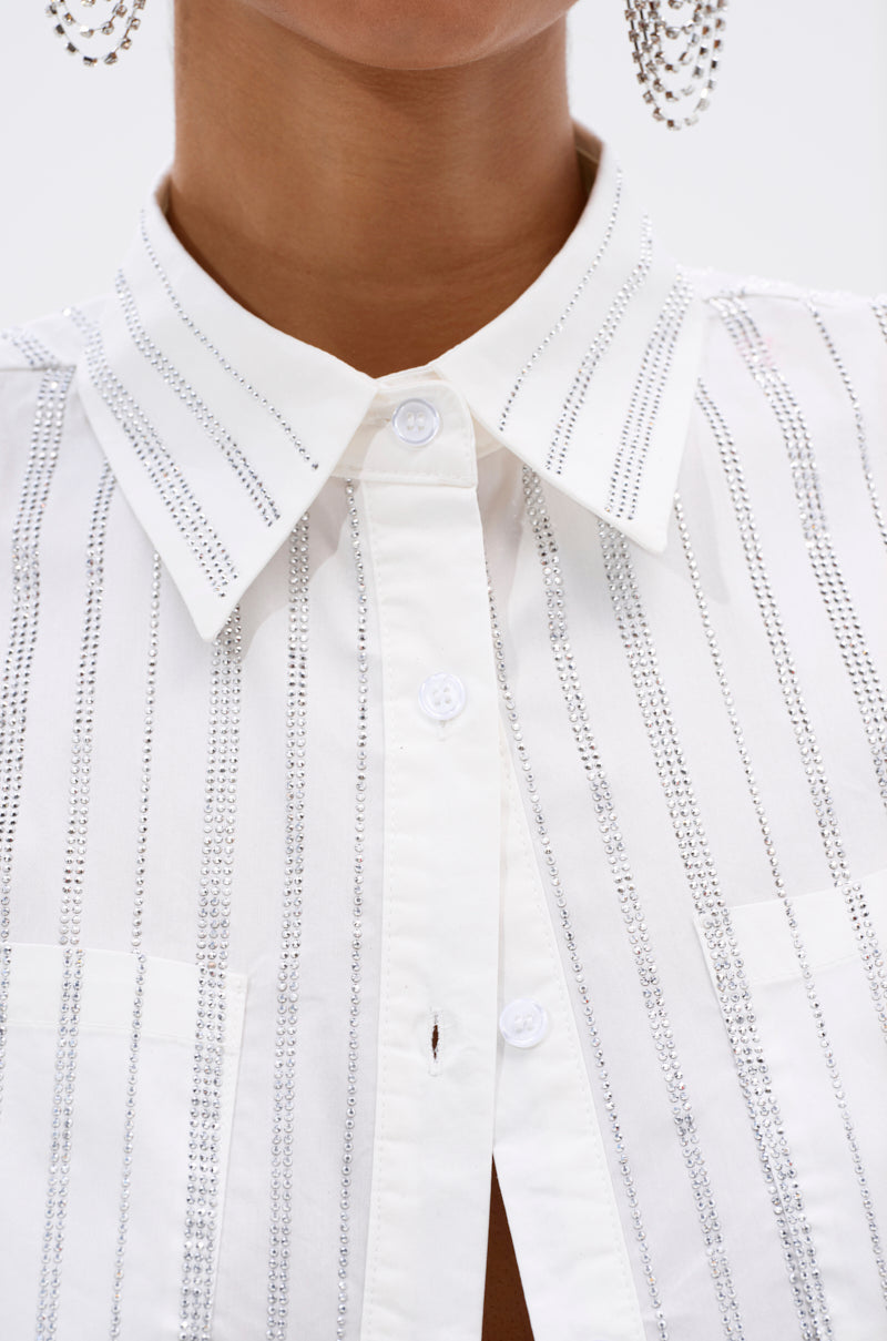 ONTO THE NEXT EMBELLISHED BUTTON DOWN TOP IN WHITE