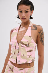 GIRL POWER CAMO BUTTON DOWN HALTER TOP