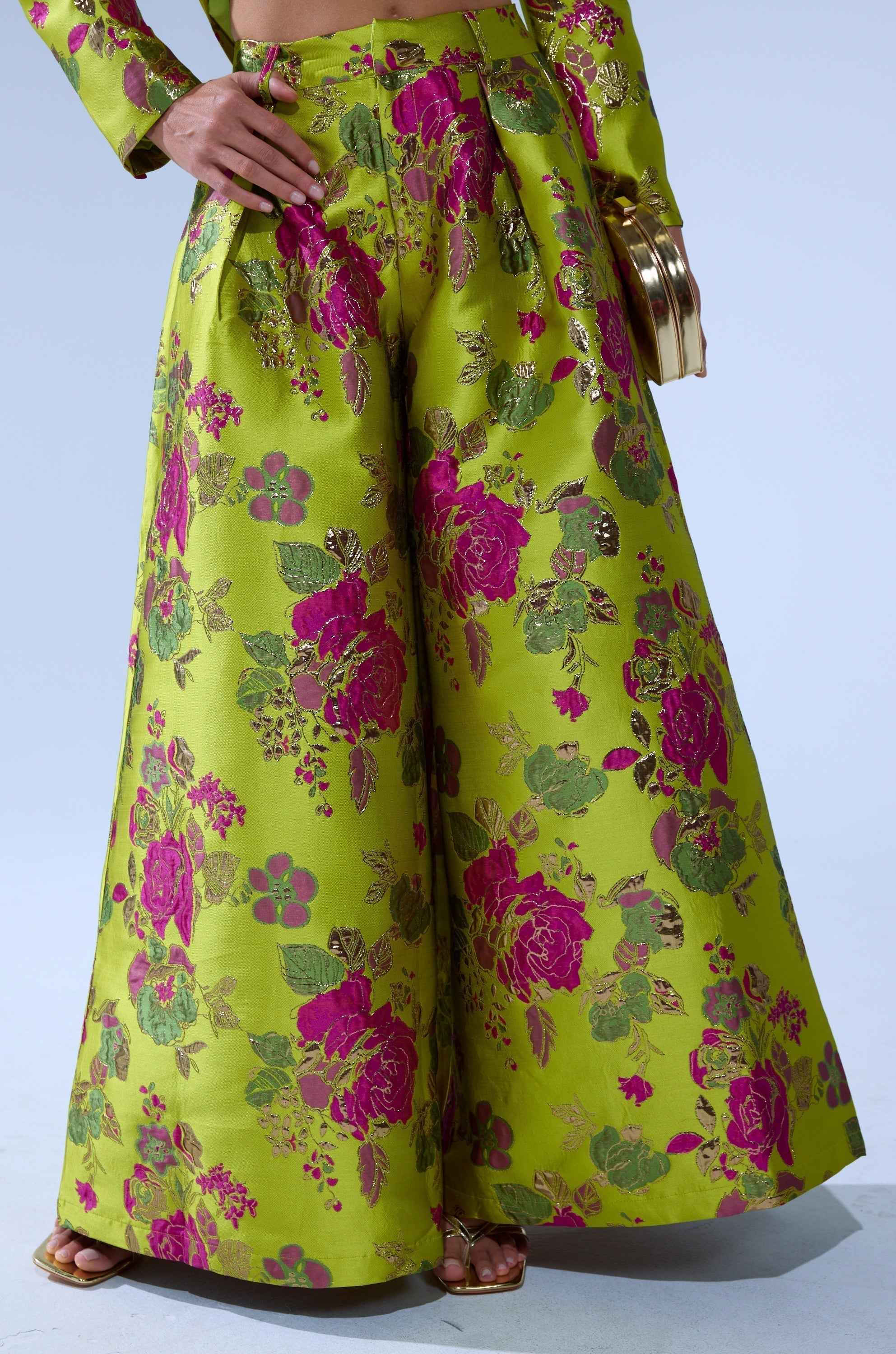 BUY MYSELF FLOWERS BROCADE TROUSER IN LIME