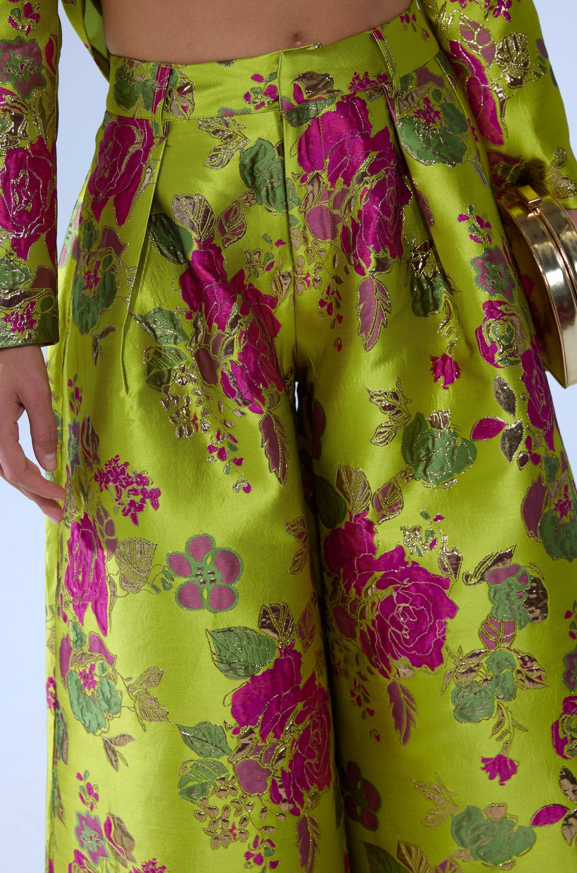 BUY MYSELF FLOWERS BROCADE TROUSER IN LIME
