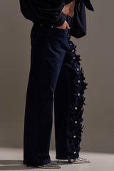 FLORAL FIELDS APPLIQUE DENIM PANTS WITH RHINESTONES