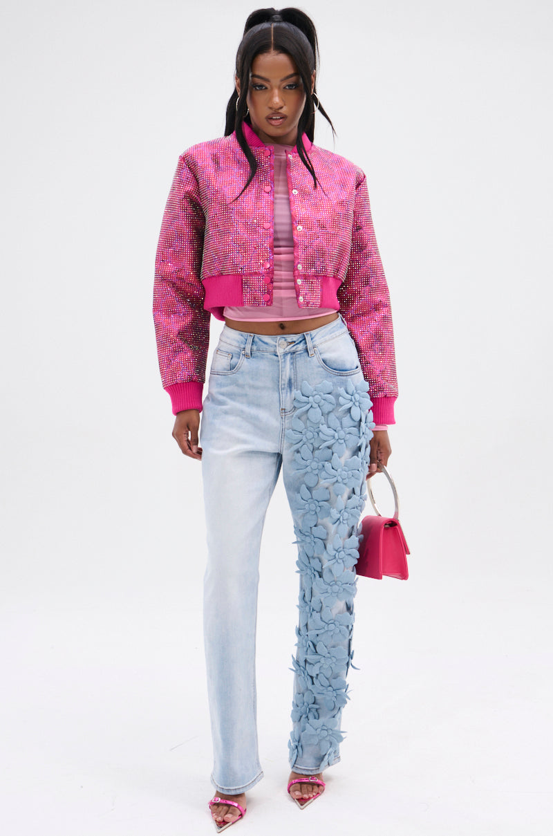 FLORAL FIELDS APPLIQUE DENIM PANTS