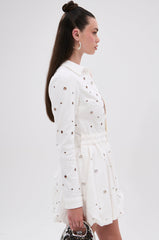 CUT IT OUT DENIM MINI DRESS WITH GROMMETS