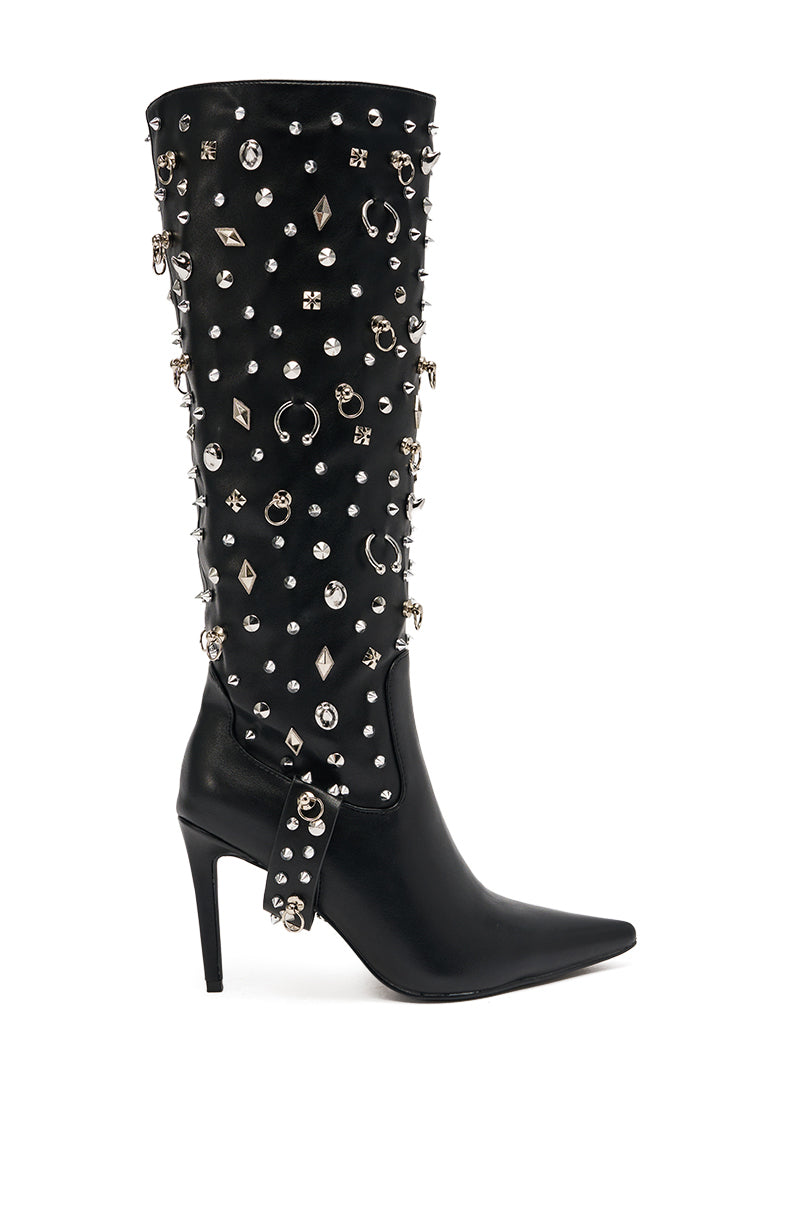 AZALEA WANG AKRISTA BLACK HARDWARE EMBELLISHED STILETTO KNEE HIGH BOOT