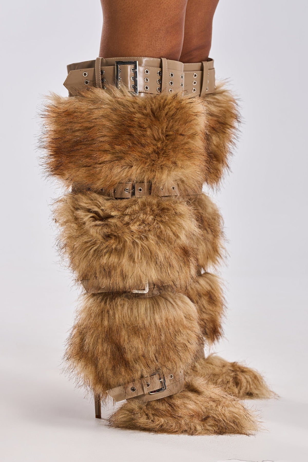 AZALEA WANG AMALBERT BROWN MULTI FUR AND BUCKLES BOOT