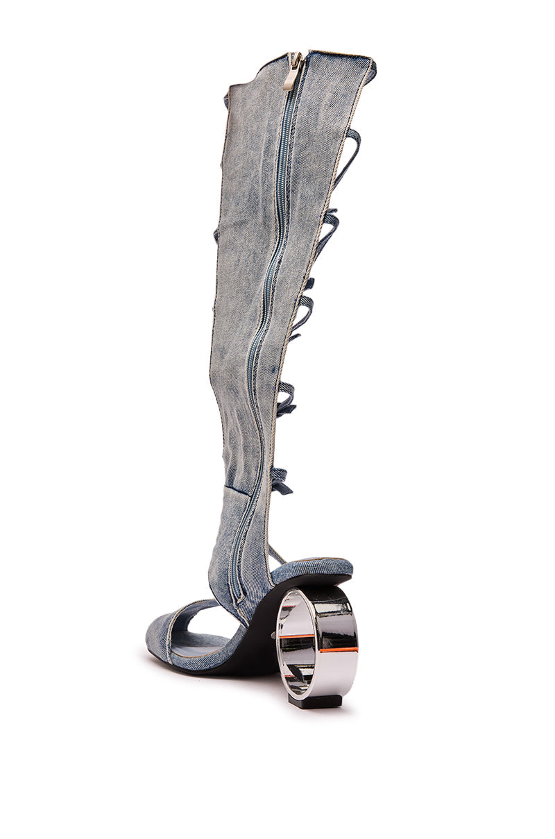 AZALEA WANG ANDREE DENIM GLADIATOR SANDAL WITH CIRCLE HEEL
