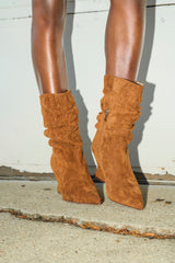 AZALEA WANG ASAF RUCHED WEDGE BOOTIE IN TAN