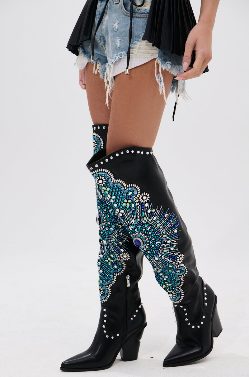 AZALEA WANG AXELBEAT BLACK EMBELLISHED WESTERN BOOT