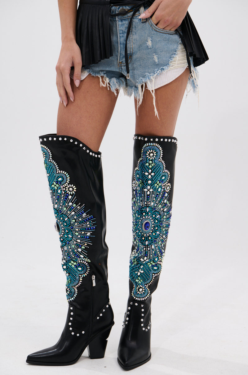 AZALEA WANG AXELBEAT BLACK EMBELLISHED WESTERN BOOT