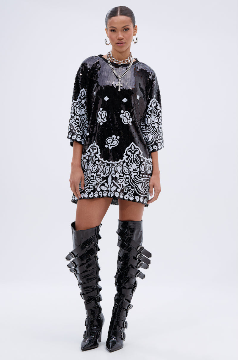BOUJEE BANDANA SEQUIN MINI DRESS IN BLACK