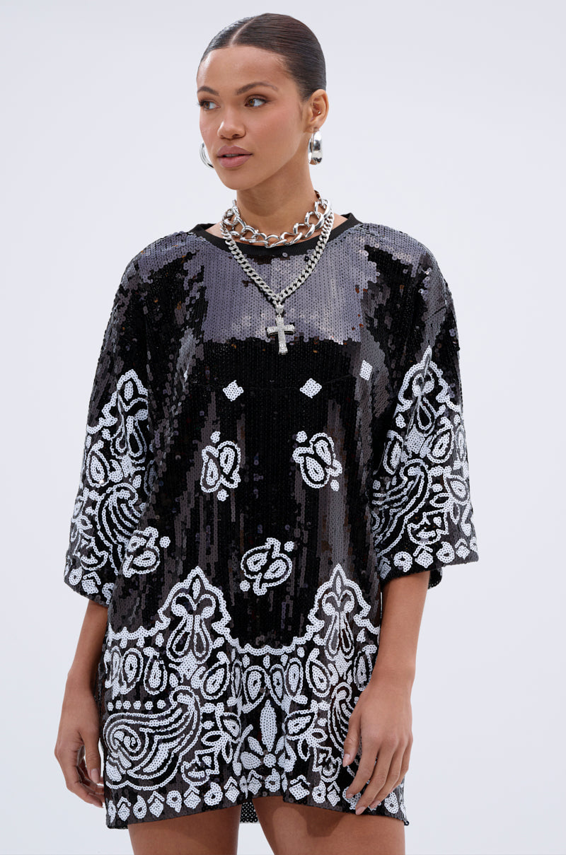 BOUJEE BANDANA SEQUIN MINI DRESS IN BLACK