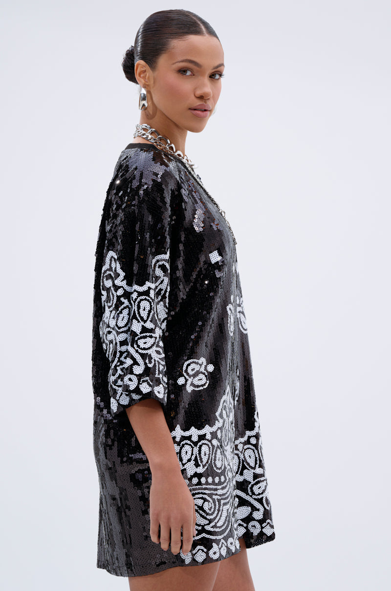 BOUJEE BANDANA SEQUIN MINI DRESS IN BLACK