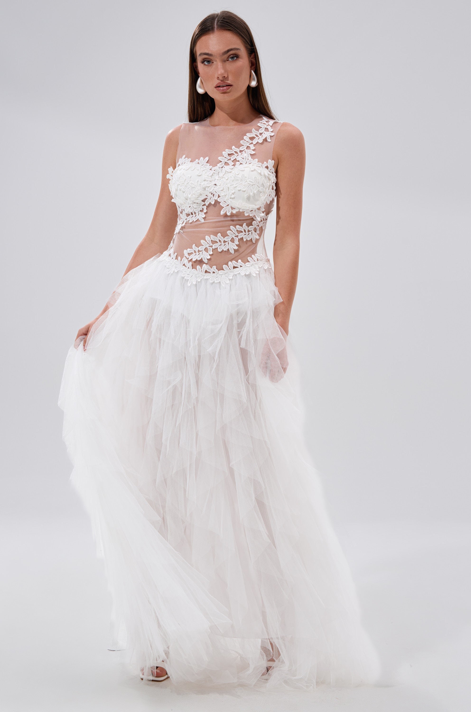 FELT CUTE RUFFLE MAXI DRESS WITH FLORAL APPLIQUES