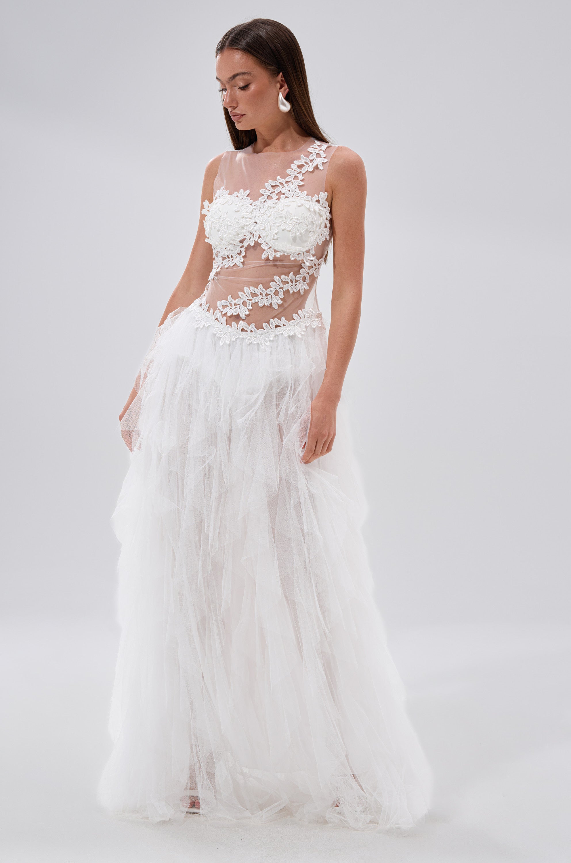 FELT CUTE RUFFLE MAXI DRESS WITH FLORAL APPLIQUES