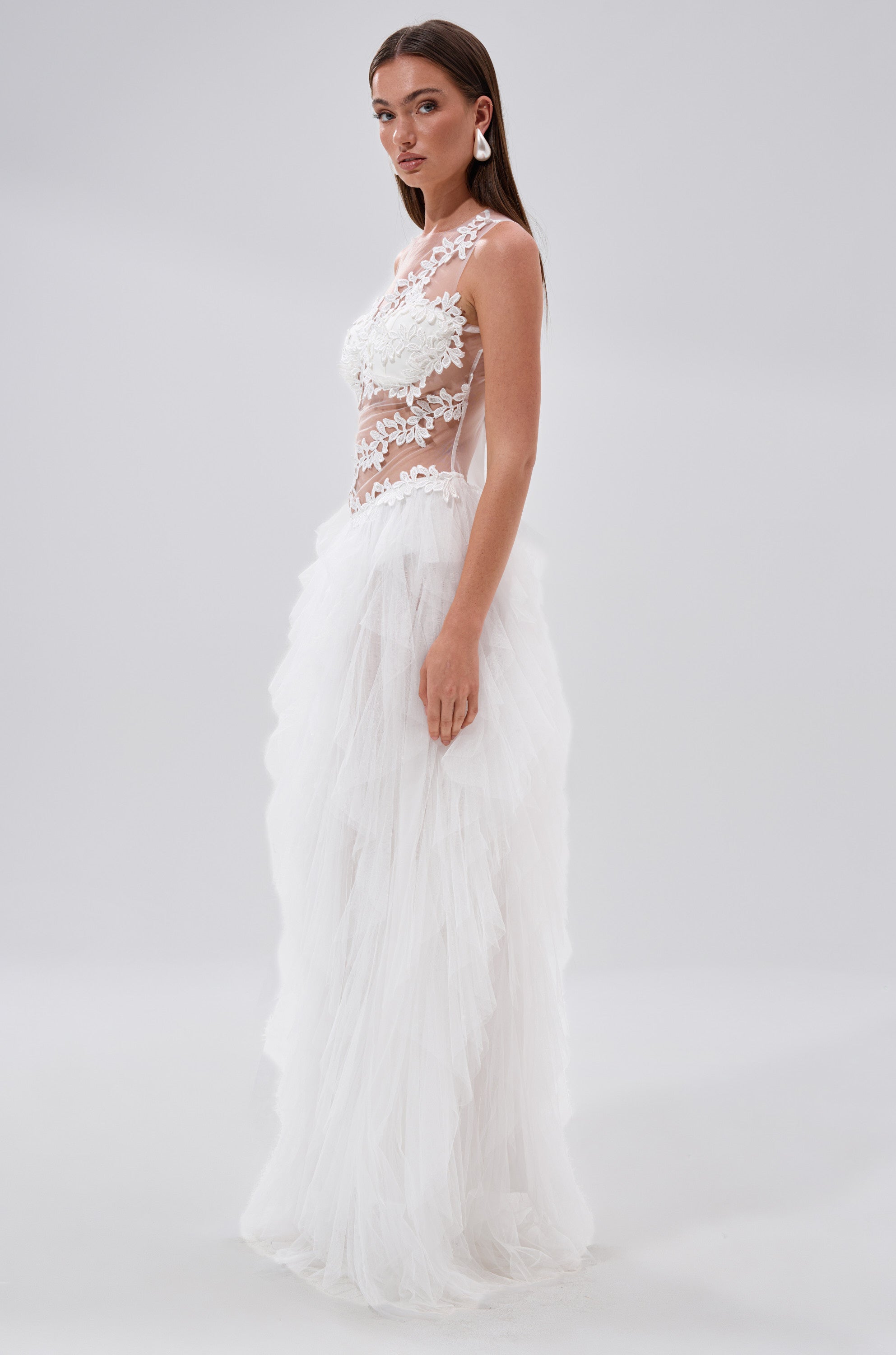 FELT CUTE RUFFLE MAXI DRESS WITH FLORAL APPLIQUES