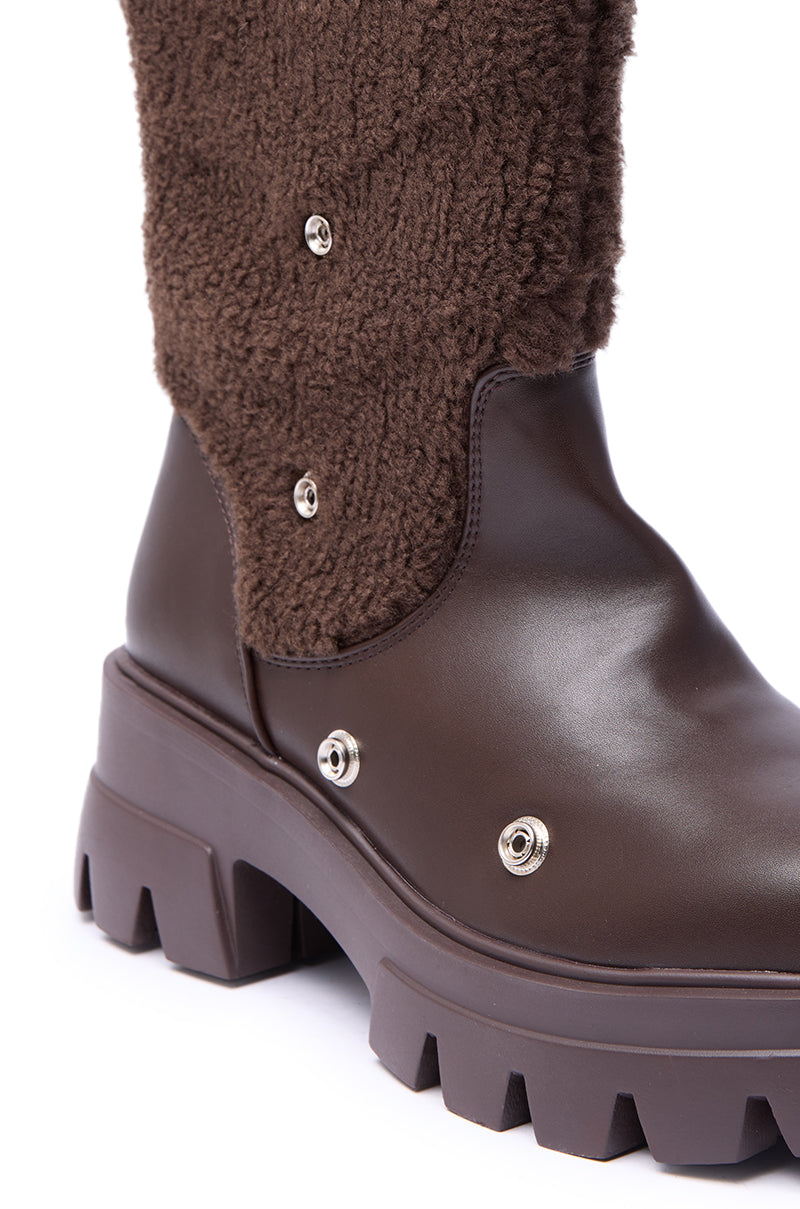 AZALEA WANG BEHATI BROWN SHERPA BOOTIE WITH SNAP DETAIL