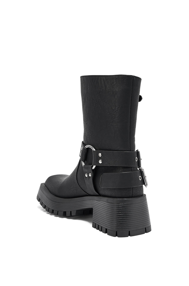 AZALEA WANG BUCKED BLACK CHUNKY HEEL COMBAT BOOTIE