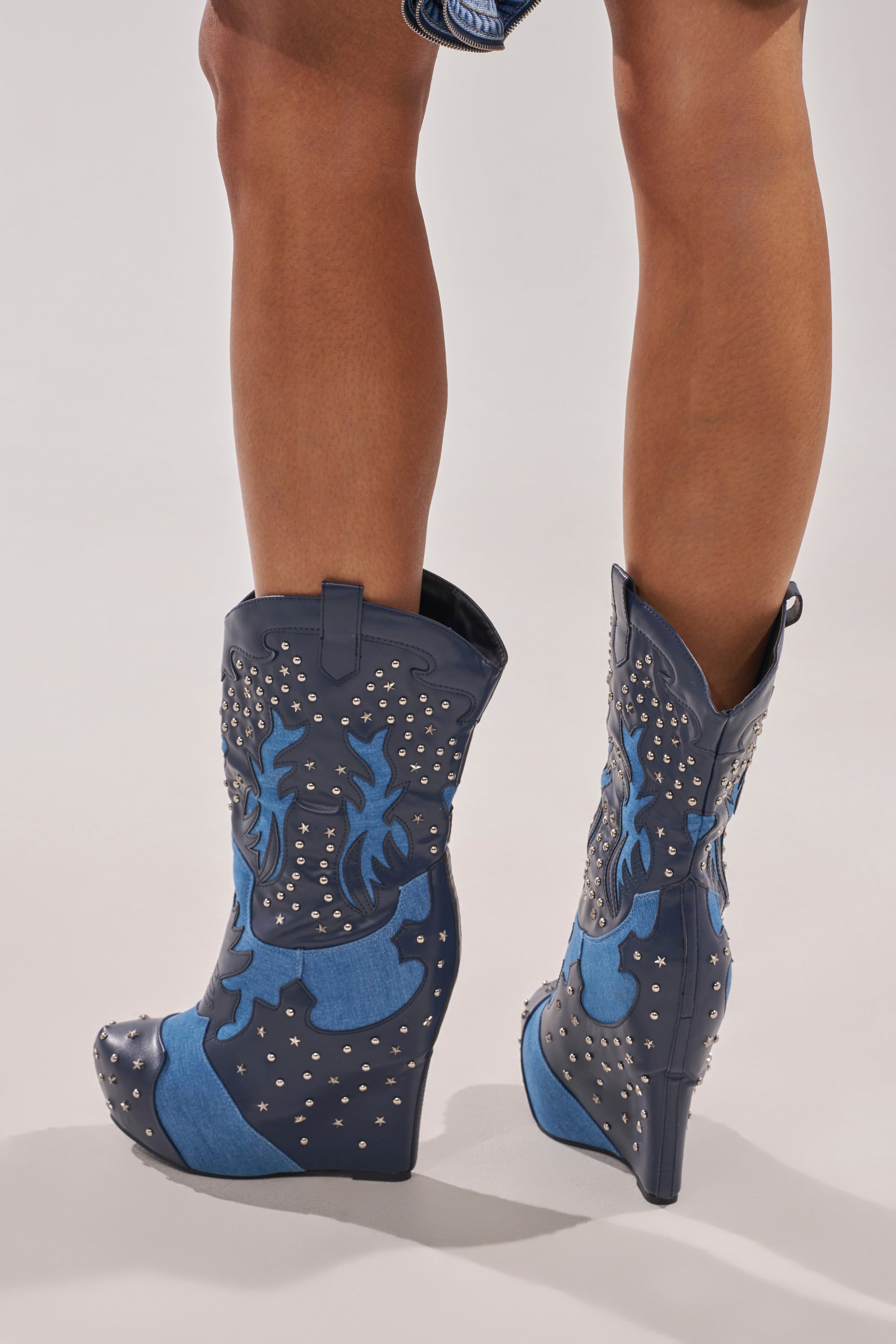 AZALEA WANG CALLIA DENIM WESTERN WEDGE BOOTIE
