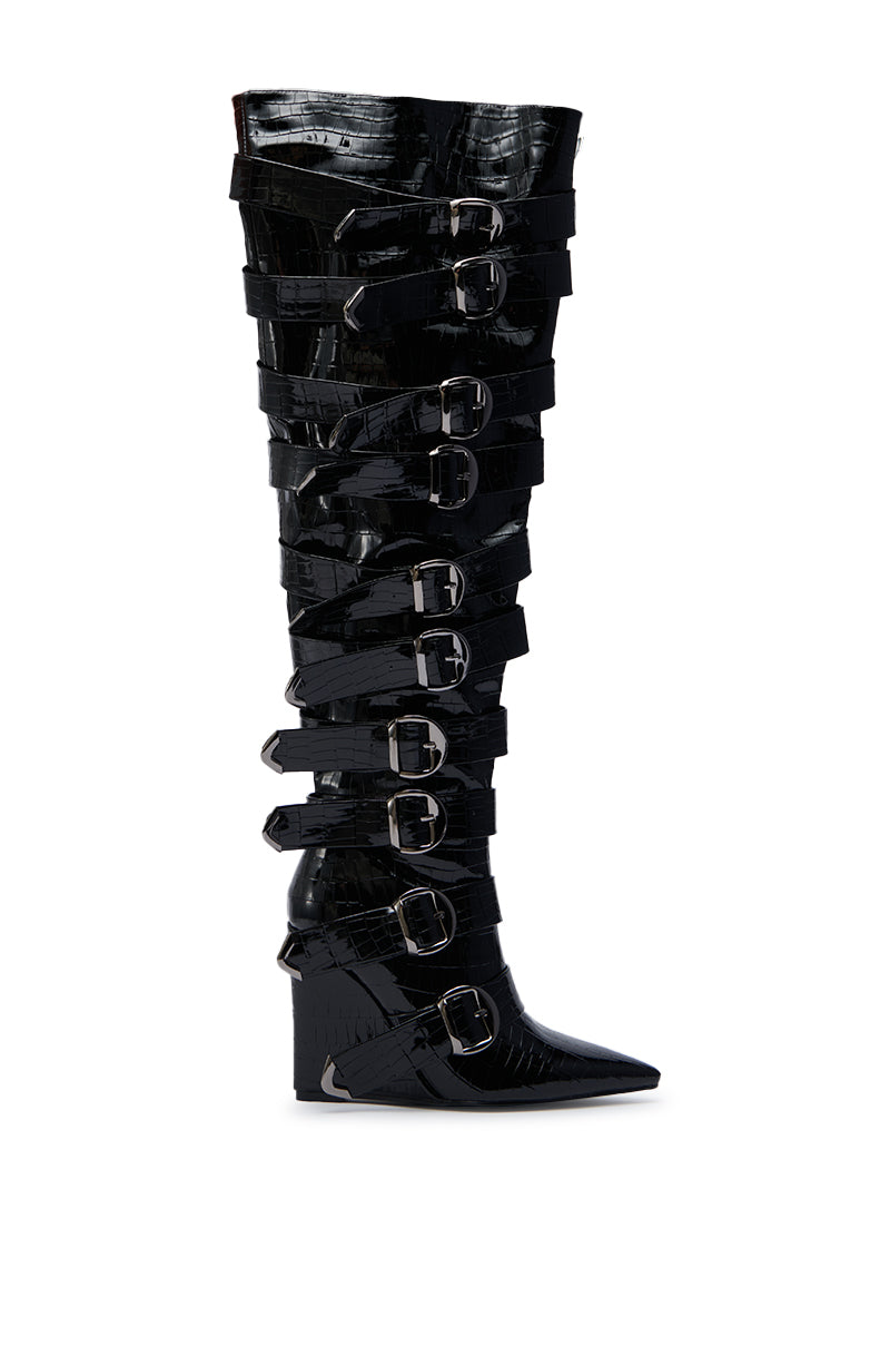 AZALEA WANG CINZIA BLACK CROC BUCKLE WEDGE BOOT