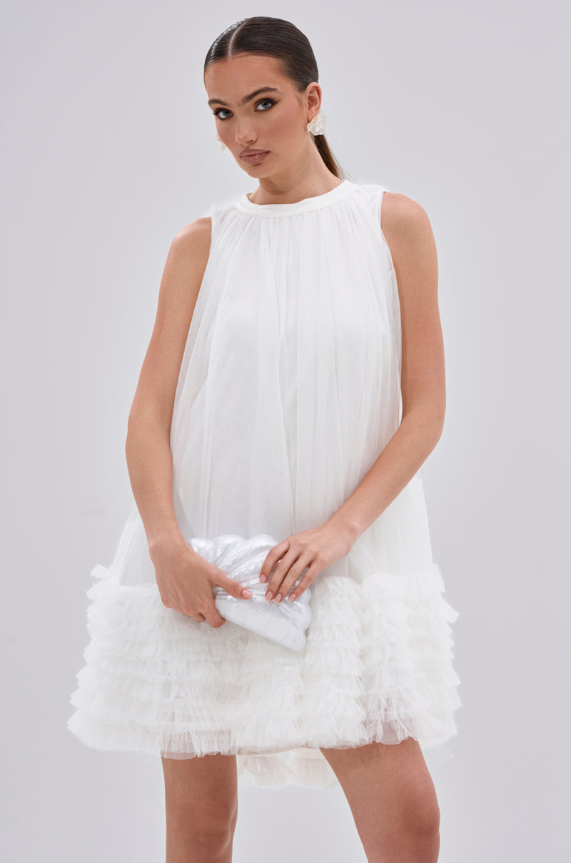 ARI TULLE RUFFLE MINI DRESS IN WHITE