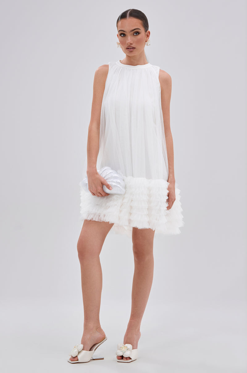 ARI TULLE RUFFLE MINI DRESS IN WHITE
