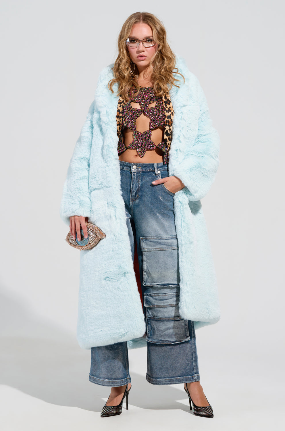 DAYANNE FAUX FUR TRENCH IN LIGHT BLUE